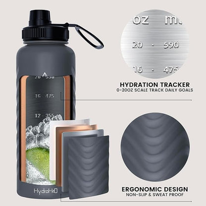 32oz Stainless Steel Insulated Water Bottle, 48H Ice Cold & 24H Hot, Leak-Proof Wide Mouth Lids (Straw & Spout), BPA-Free Bottles, Mens Water Bottle for Gym, Hiking, Travel - Grey