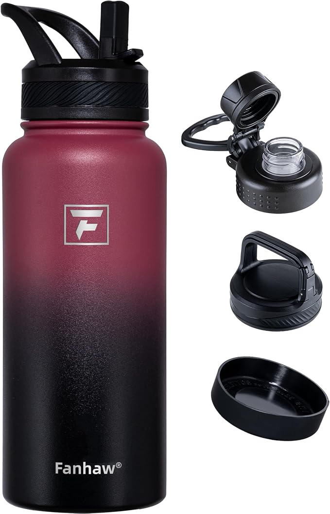 Fanhaw 32 oz Insulated Water Bottle – Portable Stainless Steel Flask with 3 Lids (Straw, Spout, Carabiner) | Leakproof, for Gym, Hiking, Work, Travel & Everyday Use (Red Black)