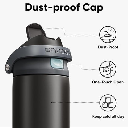 ENCOOL Leakproof Insulated Water Bottle with Straw Dual-Sip Water Bottle Bag-Safe Design for Work, Commute & Gym – Keeps Drinks Cold All Day, 32 oz, Charcoal Gray