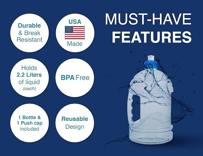 Arrow H2O On The Go Water Bottle, 2.2 Liter - Large Clear Plastic Water Bottle with Push Cap - Made in the USA, BPA Free - Built-In Convenient Handle, Leakproof - Ideal for the Gym and Sports Practice