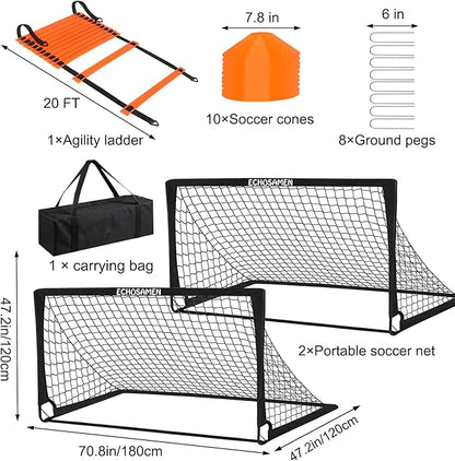 Kids Soccer Goals for Backyard, 2 of 6 x 4 ft Kids Soccer Goal Set Soccer Net with 10 Soccer Cones, Agility Ladder & Carry Bag, Portable Soccer Training Equipment.