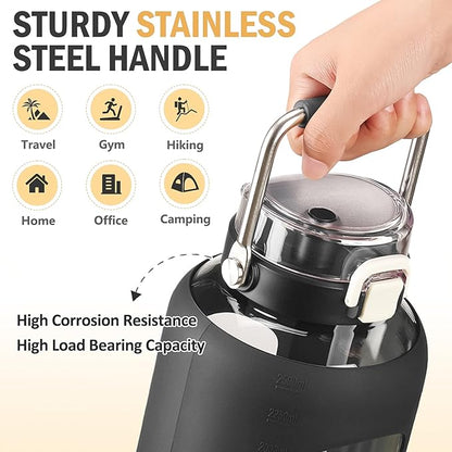 84oz Glass Water Bottle with Stainless Steel Handle,2.5L Gallon Water Bottle with 2-IN-1 Straw Lid, Silicone Sleeve and Motivational Capacity Marker, Wide Mouth Water Jug For Gym, Workout, Black