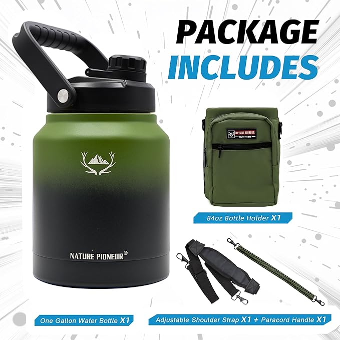 NATURE PIONEOR 84 oz Insulated Water Bottle - Double Vacuum Stainless Steel Water Jug with Holder/Carrier, Wide Mouth, Outdoor Sports, Hiking, Camping, Gym