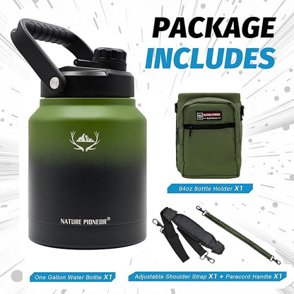 NATURE PIONEOR 84 oz Insulated Water Bottle - Double Vacuum Stainless Steel Water Jug with Holder/Carrier, Wide Mouth, Outdoor Sports, Hiking, Camping, Gym