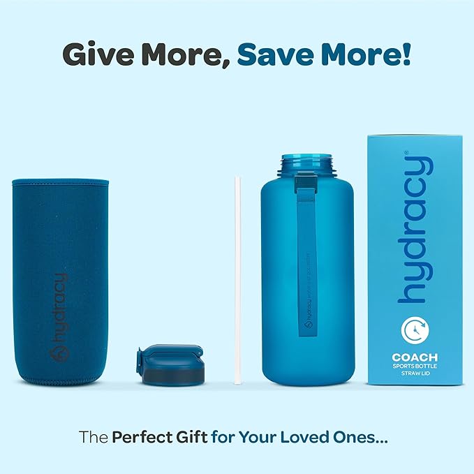 Hydracy Water Bottle with Time Marker -Large BPA Free Water Bottle & No Sweat Sleeve -Leak Proof Gym Bottle with Fruit Infuser Strainer & Times to Drink -Ideal for Fitness Sports & Outdoors