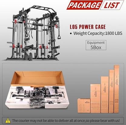 Smith Machine with Cable Crossover System, Multi-Function Squat Rack Power Cage for Home Gym, Power Rack and Packages Weight Sets