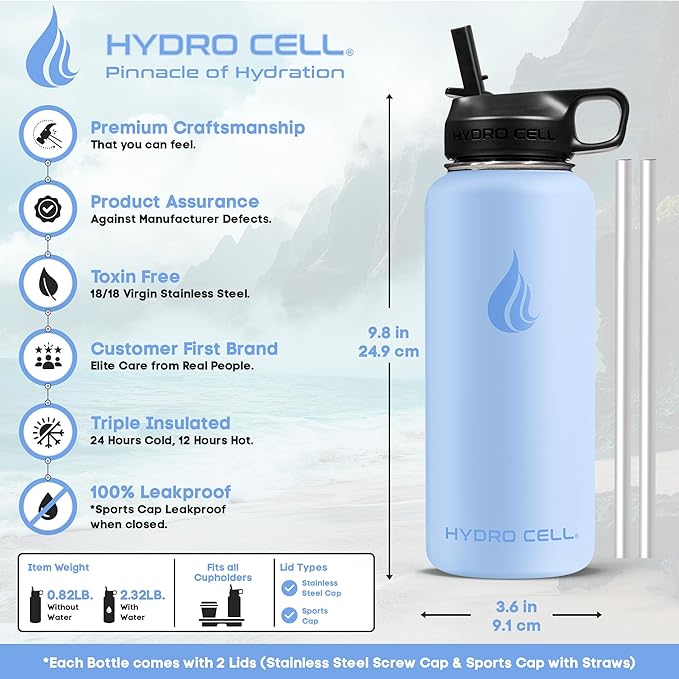 HYDRO CELL Stainless Steel Insulated Water Bottle with Straw - For Cold & Hot Drinks - Metal Vacuum Flask with Screw Cap and Modern Leakproof Sport Thermos for Adults (Glacier 32oz)