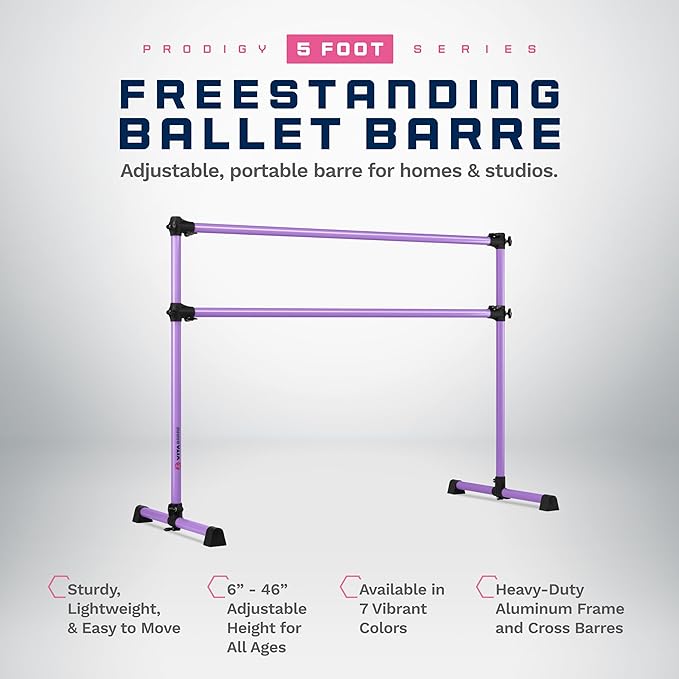 VITA Barre Portable Freestanding Double Ballet Barre, Prodigy, Aluminum | Adjustable Height, USA Made, Home or Gym Exercise Equipment for Kids & Adults | Dance, Fitness, Pilates