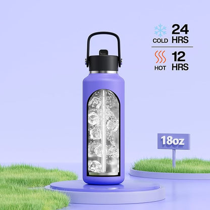POWCAN 18oz Travel Water Bottle: Standard Mouth, Leakproof, BPA-Free, Easy Hold Handle, Insulated Stainless Steel Thermos with Straw for Teens, School, Outdoors, Running, Camping, Gym (Violet's Tale)