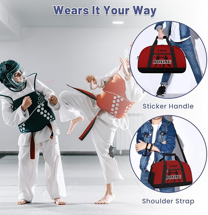 Custom Name Taekwondo Karate Duffle Bag for kids Boy Girls - Personalized Martial Arts Gear Bag, Water-Resistant Sparring Equipment Bag, Boxing Red Black