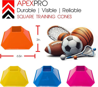 Sports Square Training Cones (Set of 10) - APEX PRO Sports - Training Cones with Carry Strap for Training, Soccer, Football, Basketball,Kids and Other Sports and Games
