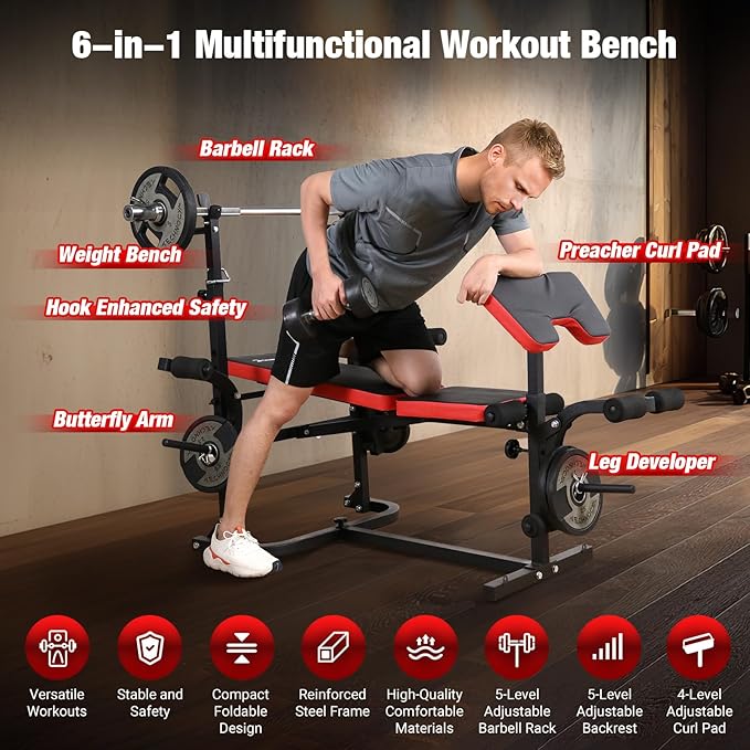6-in-1 Foldable Weight Bench Set, 1695LBS Adjustable Workout Bench/Barbell Rack/Curl Pad, Bench Press, Leg Extension and Curl machine, Workout Fitness Equipment w/Squat Rack for Home Gym