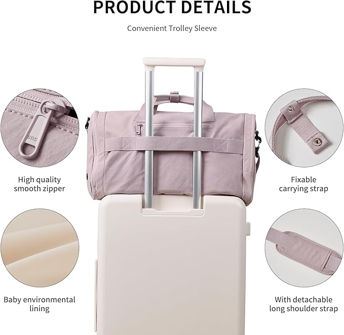 Aji Foldable Gym Bag for Women Men with Shoes Compartment, 3 in 1 Carry on Travel Duffel Bag with Trolley Sleeve, Lightweight&Water Resistant Duffel Bag for Travel, Sports, Fitness&Workout,Soft Pink