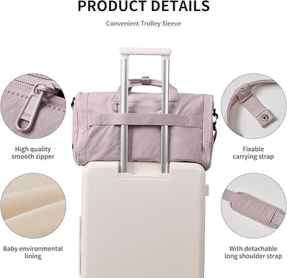Aji Foldable Gym Bag for Women Men with Shoes Compartment, 3 in 1 Carry on Travel Duffel Bag with Trolley Sleeve, Lightweight&Water Resistant Duffel Bag for Travel, Sports, Fitness&Workout,Soft Pink