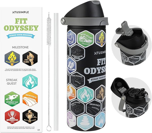 24 oz Motivational Insulated Stainless Steel Water Bottle for Sports, Gym & Travel, 2-in-1 Push-Button Spout & Quick-Flip Straw, Leak-Proof BPA-Free, Keeps Cold 30H, with DIY Fitness Stickers