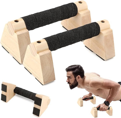 Wooden Push Up Stands & Handstand Parallettes Bars, Solid Wood Push Up Handles with Non-Slip Base for Home Gym, Calisthenics & Strength Training(Wood Color,Size:7.87inch)