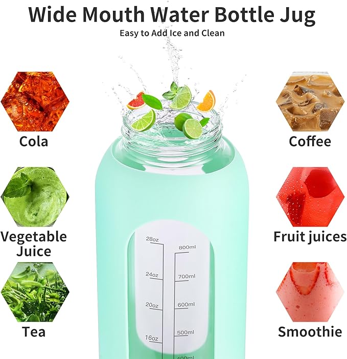 64 oz Glass Water Bottle With Straw and Handle, Half Gallon Sports Motivational Water Jug Flask with Silicone Sleeve, Large Water Cup with Time Marker for Travel, Gym, Blue