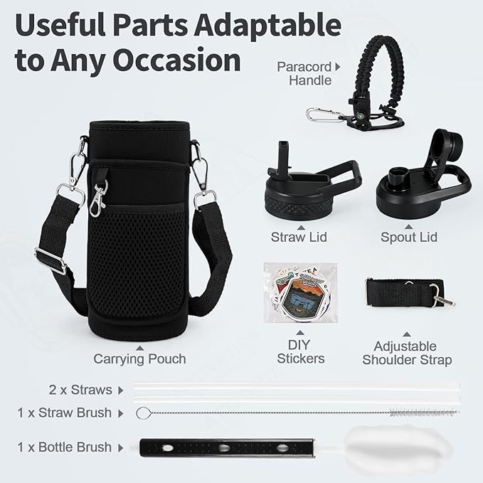 32 oz Insulated Water Bottle with Straw, Stainless Steel Triple Wall Vacuum Sports Water Jug, Leakproof Hydro Cup Flask with Paracord Handle & Straw Spout Lids & DIY Stickers