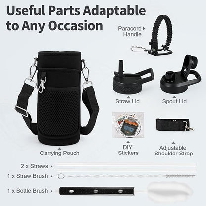 32 oz Insulated Water Bottle with Straw, Stainless Steel Triple Wall Vacuum Sports Water Jug, Leakproof Hydro Cup Flask with Paracord Handle & Straw Spout Lids & DIY Stickers