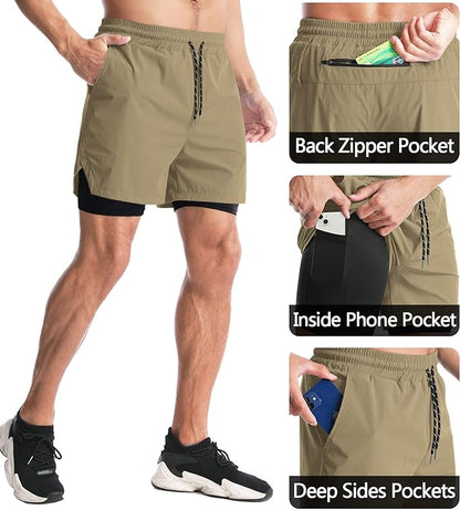Aolesy Men's 2 in 1 Running Shorts 5" Workout Gym Athletic Shorts for Men Quick Dry Lightweight Training Shorts with Pockets