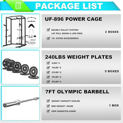 Power Cage, Multi-Functional Power Rack with J-Hooks, Dip Handles, Landmine Attachment and Optional Cable Pulley System for Home Gym