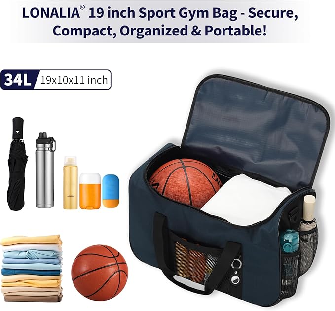 35L Sports Gym Duffle Bag - 19 inch Weekender Duffel for Workout, Basketball, Fitness, Training (Navy Blue)