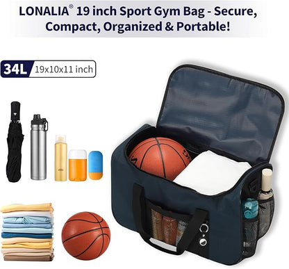 35L Sports Gym Duffle Bag - 19 inch Weekender Duffel for Workout, Basketball, Fitness, Training (Navy Blue)
