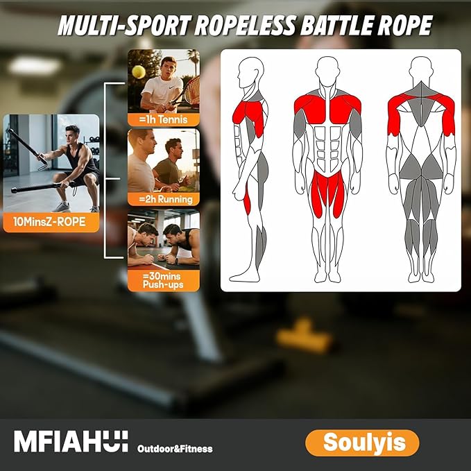 Soulyis Ropeless Battle Ropes for Quiet Home Gym - Cordless Training Rope, Weighted Workout Ropes for HIIT, No-Jump Training & Full-Body Exercise,Fitness Equipment for Men & Women
