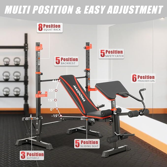 1500LB 8 IN 1 Weight Bench with Lat Pulldown and Leg Extension/Curl, Foldable Bench Press with Preacher Curl & Rack, Workout Benches with Safety Bar Catches for Home Gym(US Stock)