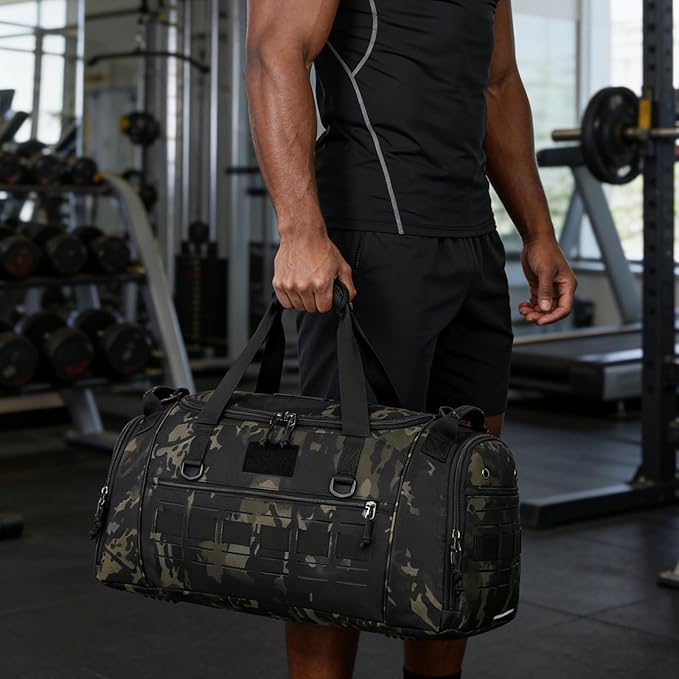 Gym Bag for Men Women 45L Sports Duffle Bag for Travel Tactical Military Duffel Bag with Shoe & Laptop Compartment Lightweight Medium Weekender Travel Bags for Fitness Training Workout, Camo