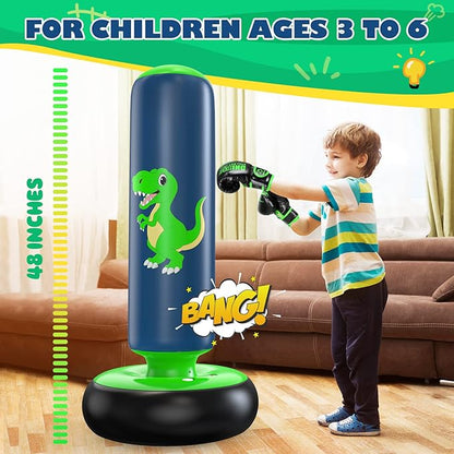 QPAU Inflatable Punching Bag, 48 Inch Stable Inflatable Boxing Bag for 3-6 Kids,Dinosaur Toy & Gifts for Boys and Girls, Kids Boxing Set for Practicing Karate, Taekwondo