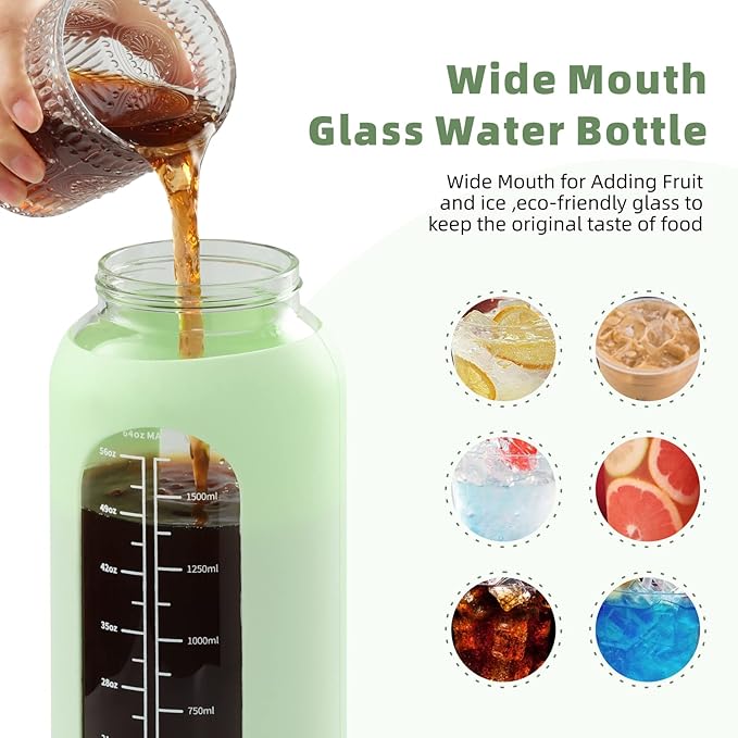SIEROZUR 64 oz Glass Water Bottle with Straw and Handle Lid Half Gallon Motivational Glass Bottle with Silicone Sleeve and Time Marker Large Reusable Sports Water Jug for Gym Home Workout