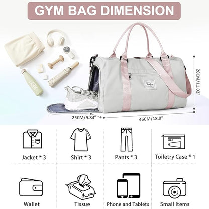 Gym Bag for Women with Shoes Compartment Small Duffel Bag Sport bag with Toiletry Bag Overnight Travel Tote Bags Weekender Carry on Bags Personal Item Bag for Airlines Grey Pink