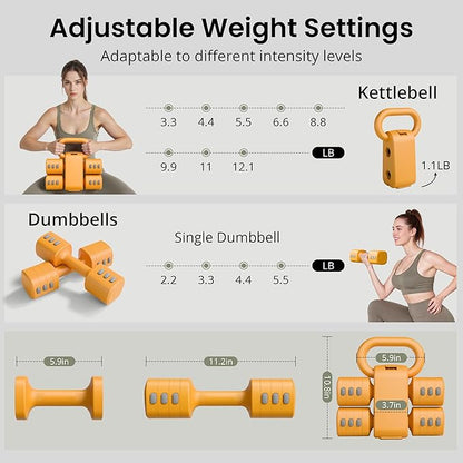 2-in-1 Adjustable Dumbbell Set for Women - 4 Levels (2.2lbs to 12.1lbs) - Home Gym Weights for Women at Home - Fitness Dumbbells