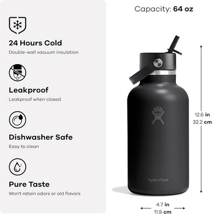 Hydro Flask Water Bottle - Insulated Stainless Steel - Wide Straw Lid, Non Spill, Leakproof in 64 Oz Capri Blue