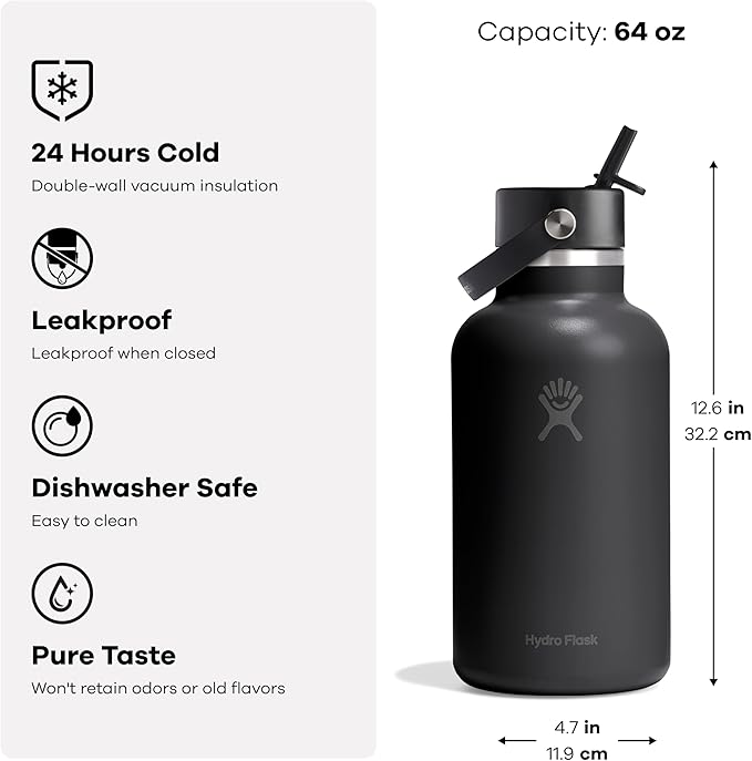 Hydro Flask Water Bottle - Insulated Stainless Steel - Wide Straw Lid, Non Spill, Leakproof in 64 Oz Harbor Blue