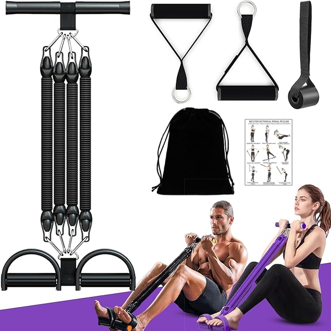 Upgrade Foot Pedal Resistance Band, 100lbs Adjustable 4 Tube Pedal Ankle Puller Resistance Band with Handle, Multifunction Home Gym Equipment, Stirrup Puller for Men Women for Full Body Workout