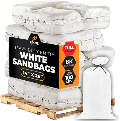 Xpose Safety Heavy Duty Sand Bags with Tie Strings – Empty Woven Polypropylene Sandbags for Hurricane Flood Protection, 100 lb Capacity, 14" x 26", White, Bulk Full Pallet Pack of 8000