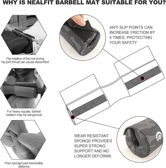 Barbell Squat Pad with Thick Nylon Padding, Hip Thrust Pad for Squats, Lunges, Neck Shoulder Squat Pad for Olympic or Standard Bars