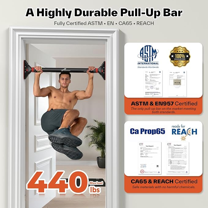 Pull Up Bar for Doorway: Sportneer Strength Training Pull-up Bars without Screw - Adjustable Width Locking Mechanism Chin Up Bar, Thickened Steel Max Limit 440 lbs Upper Body Fitness Pullup Bars for Home (Black-Red)