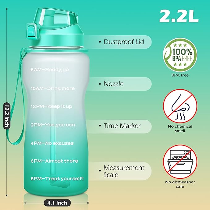 Gallon Motivational 64/100 oz Water Bottle with Time Marker & Straw, Large Daily Water Jug for Fitness Gym Outdoor Sports, Remind of All Day Hydration, Leak Proof, BPA Free (ombre green, 64oz)
