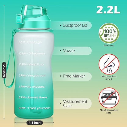 Gallon Motivational 64/100 oz Water Bottle with Time Marker & Straw, Large Daily Water Jug for Fitness Gym Outdoor Sports, Remind of All Day Hydration, Leak Proof, BPA Free (ombre green, 64oz)