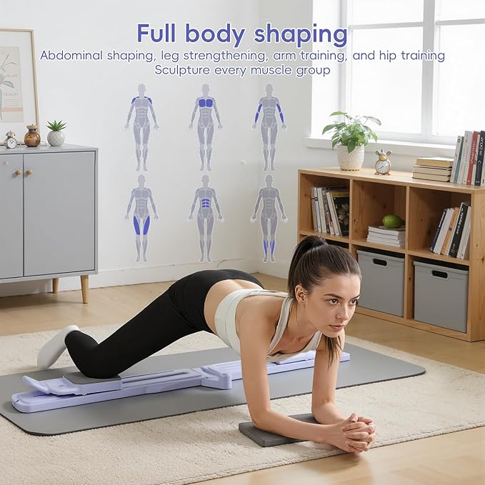 Pilates Board, Pilates Equipment Split Pilate Reformer & Ski Balance Board 5-in-1 Foldable Fitness Sliding Boards with Resistance Bands Multi-Purpose Home Pilate Kit for Full Body Workout