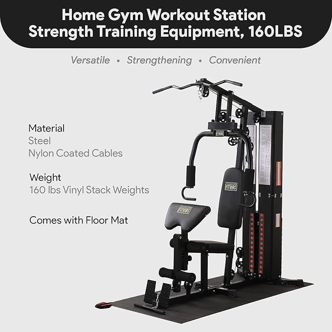 BalanceFrom Multifunctional Steel Frame Home Gym Machine with Floor Mat – Strength Training Workout Station with 160-Pound Weight Stack, Lat Pull & Low Row Bars, 4-Roll Leg Developer & Press