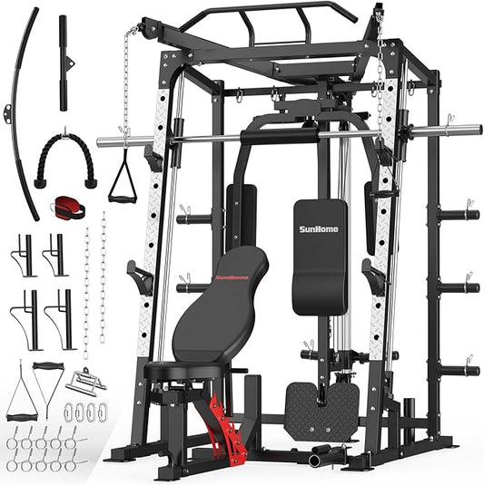SunHome Smith Machine, Power Cage Squat Rack with Smith Bar, LAT Pull-Down Systems, Cable Crossover Machine and Cable Attachment for Home Gym