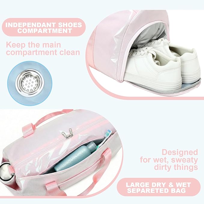 Gym Bag Sports Duffle Bag with Wet Pocket Weekender Overnight Bags with Waterproof Shoe Pouch and Air Hole for Girls Kids Women Workout Travel Bags (Light Pink)