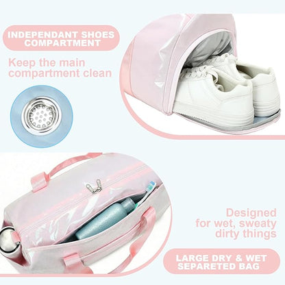 Gym Bag Sports Duffle Bag with Wet Pocket Weekender Overnight Bags with Waterproof Shoe Pouch and Air Hole for Girls Kids Women Workout Travel Bags (Light Pink)
