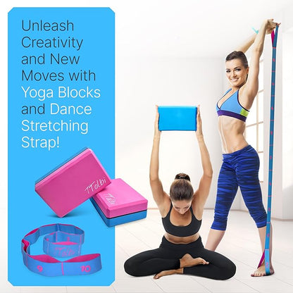 Yoga Blocks 2 Pack with Strap & Guide – Non-Slip EVA Foam Pilates Blocks for Home Workouts, Dance, Ballet, Gymnastics & Stretching Exercise | Ideal Dancer Gifts