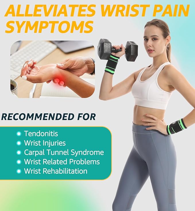 HiRui Wrist Brace Wrist Wraps Compression Wrist Strap, Wrist Support for Work Fitness Weightlifting Sprains Tendonitis, Carpal Tunnel Arthritis, Pain Relief, Adjustable Wristbands 2 PACK (Green, L)