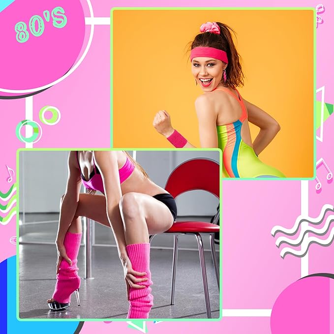 80s Neon Workout Costume Accessories Set 10 PCS Leg Warmers for Women 80s Headband Wristband Fanny Pack for Yoga Running